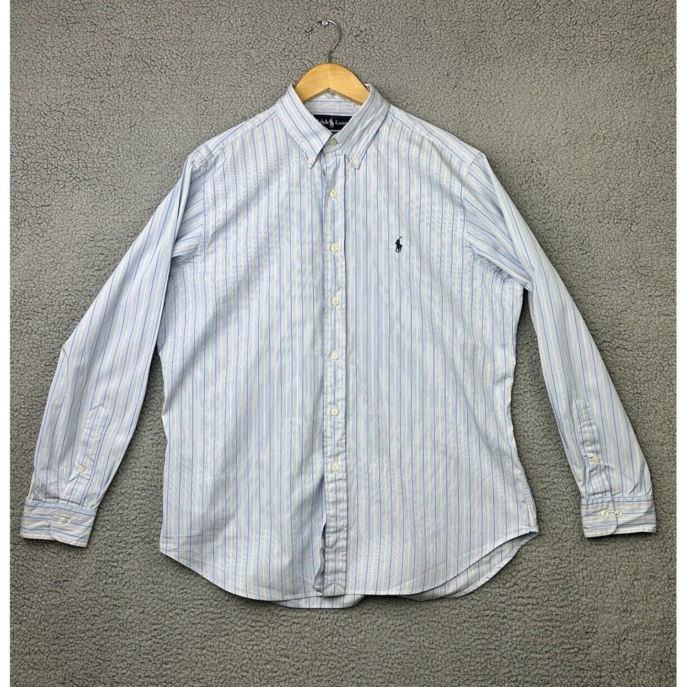 VTG Polo Ralph Lauren Shirt Mens 16.5 34/35 Blue Yellow Striped L/S Button Up